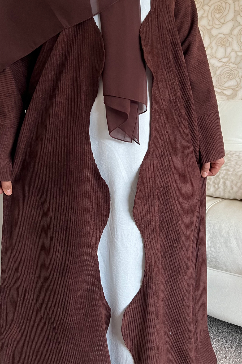 Open PEACAN SANA Abaya | corduroy wave abaya | winter abaya |