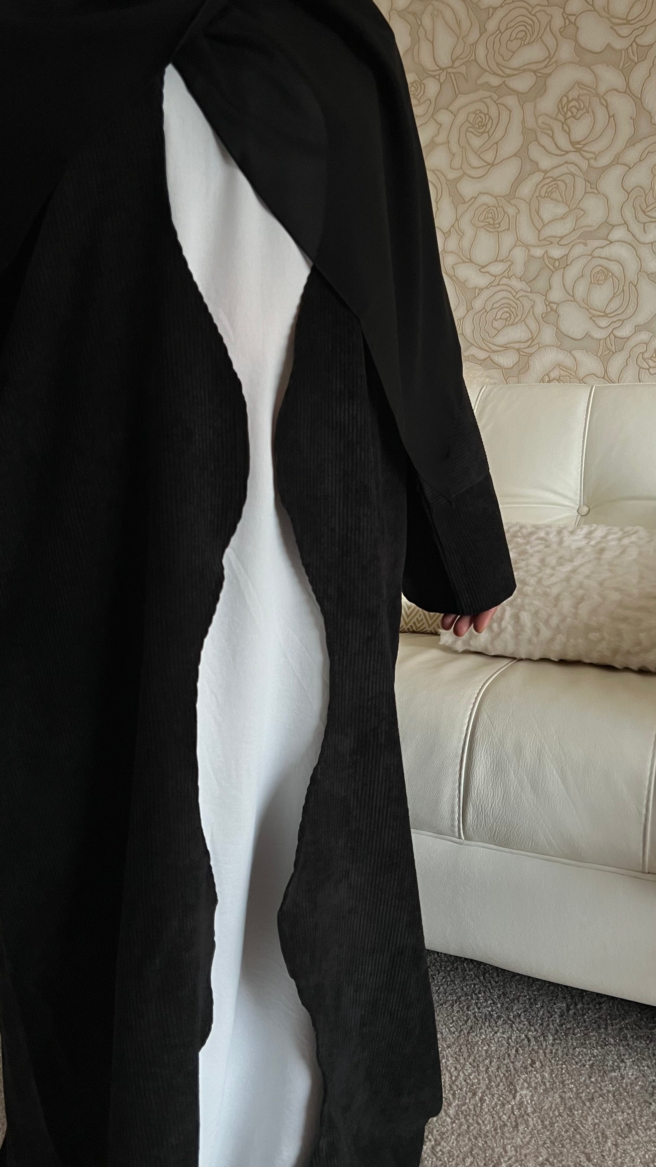 Open BLACK SANA Abaya | corduroy wave abaya | winter abaya |