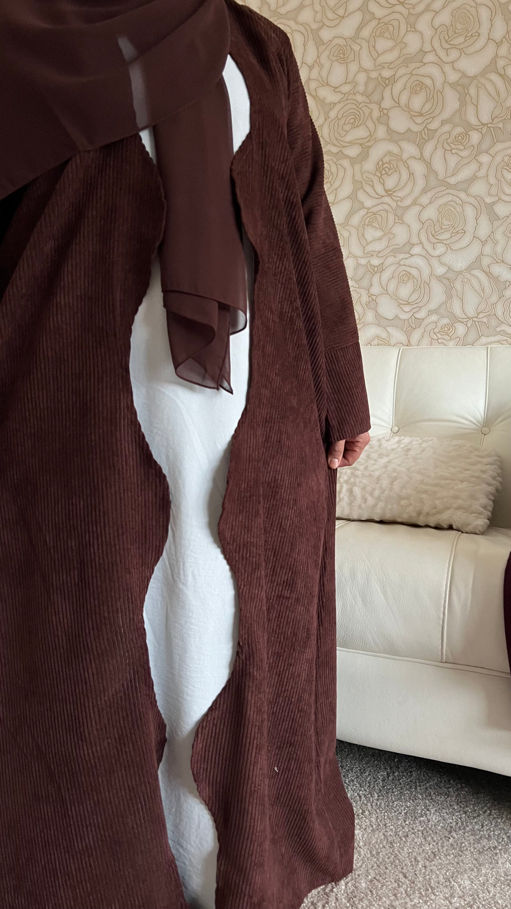Open PEACAN SANA Abaya | corduroy wave abaya | winter abaya |