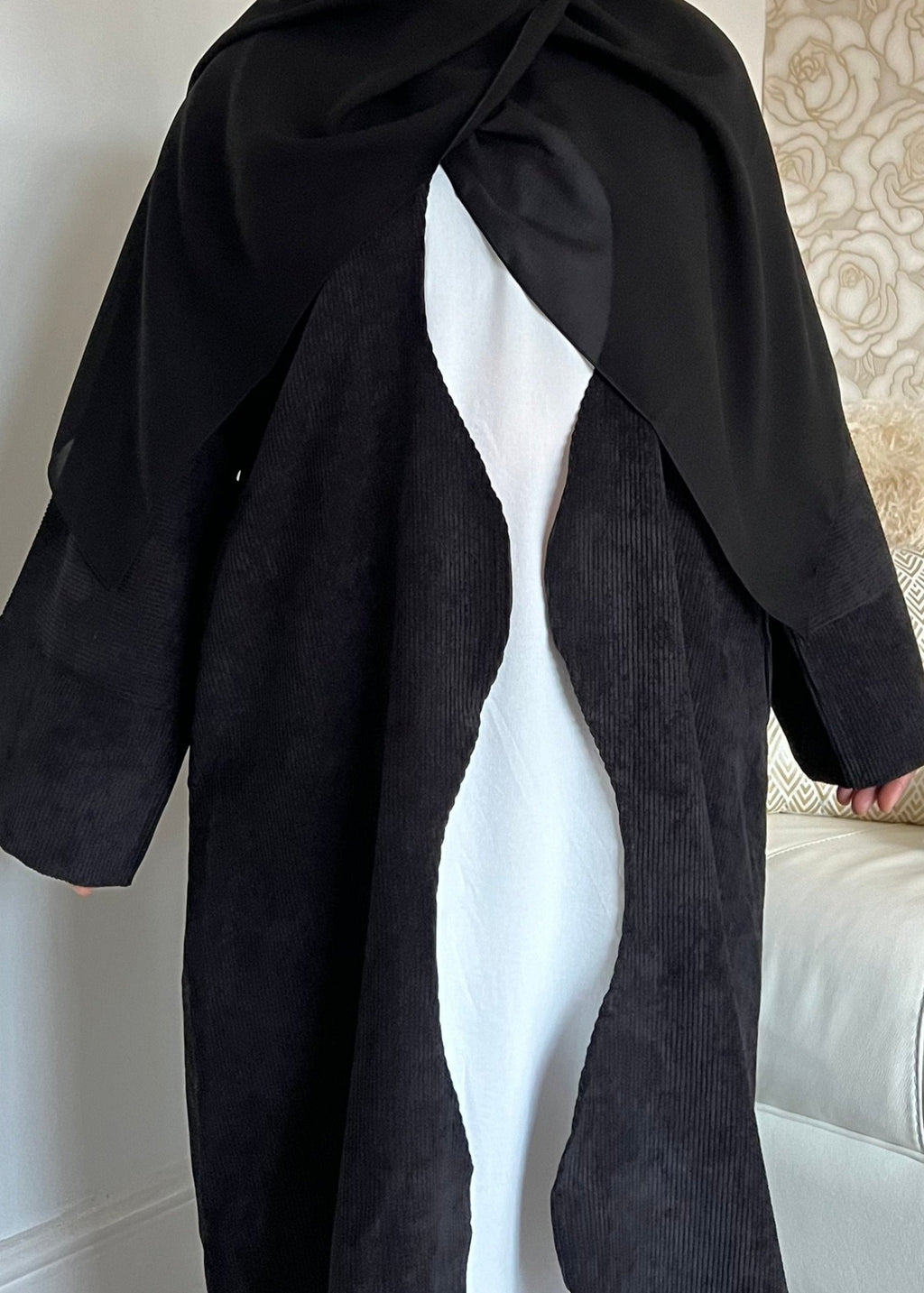 Open BLACK SANA Abaya | corduroy wave abaya | winter abaya |