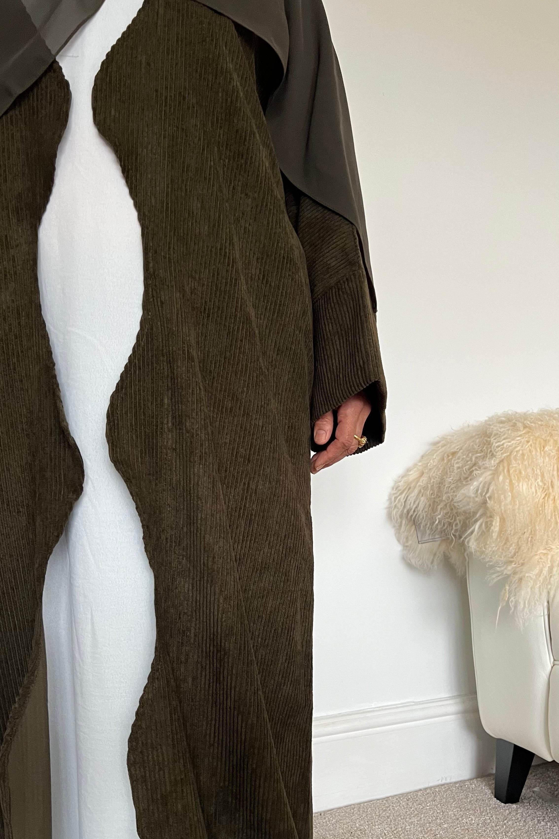 Open OLIVE SANA Abaya | corduroy wave abaya | winter abaya |