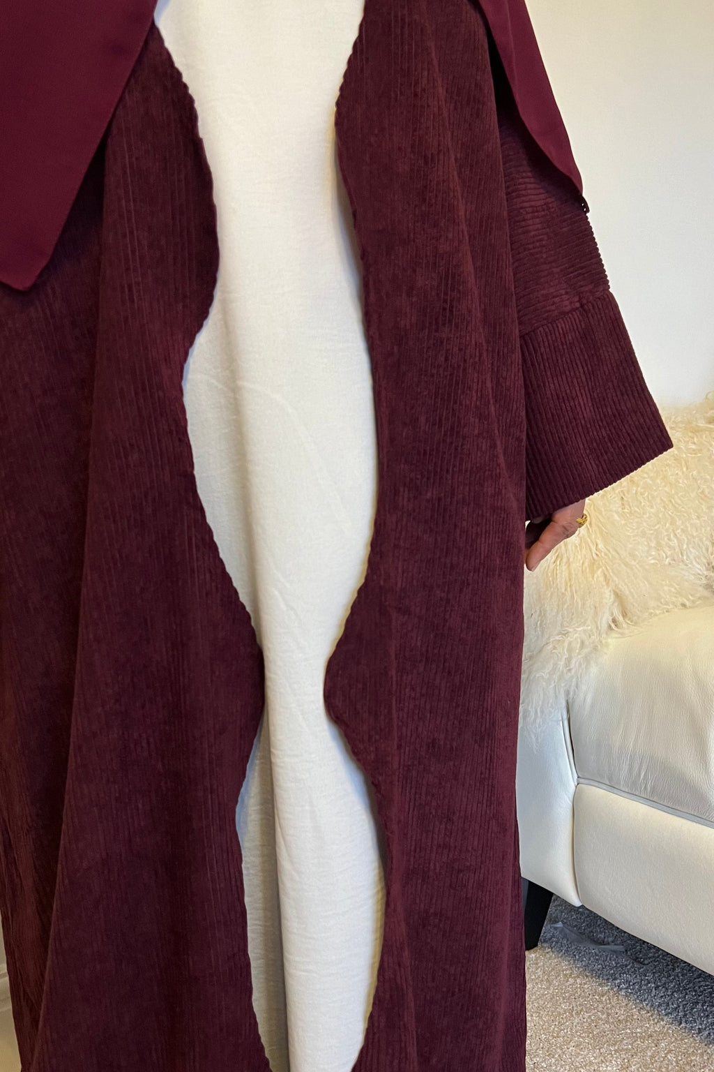 Open BURGUNDY SANA Abaya | corduroy wave abaya | winter abaya |