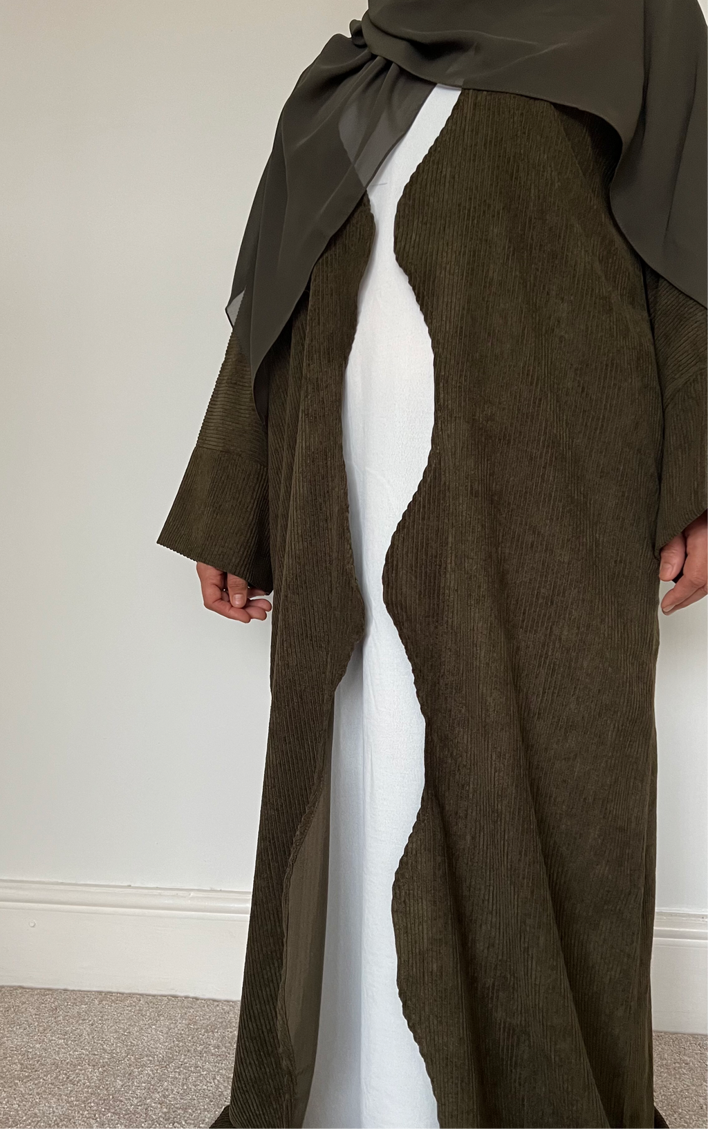Open OLIVE SANA Abaya | corduroy wave abaya | winter abaya |