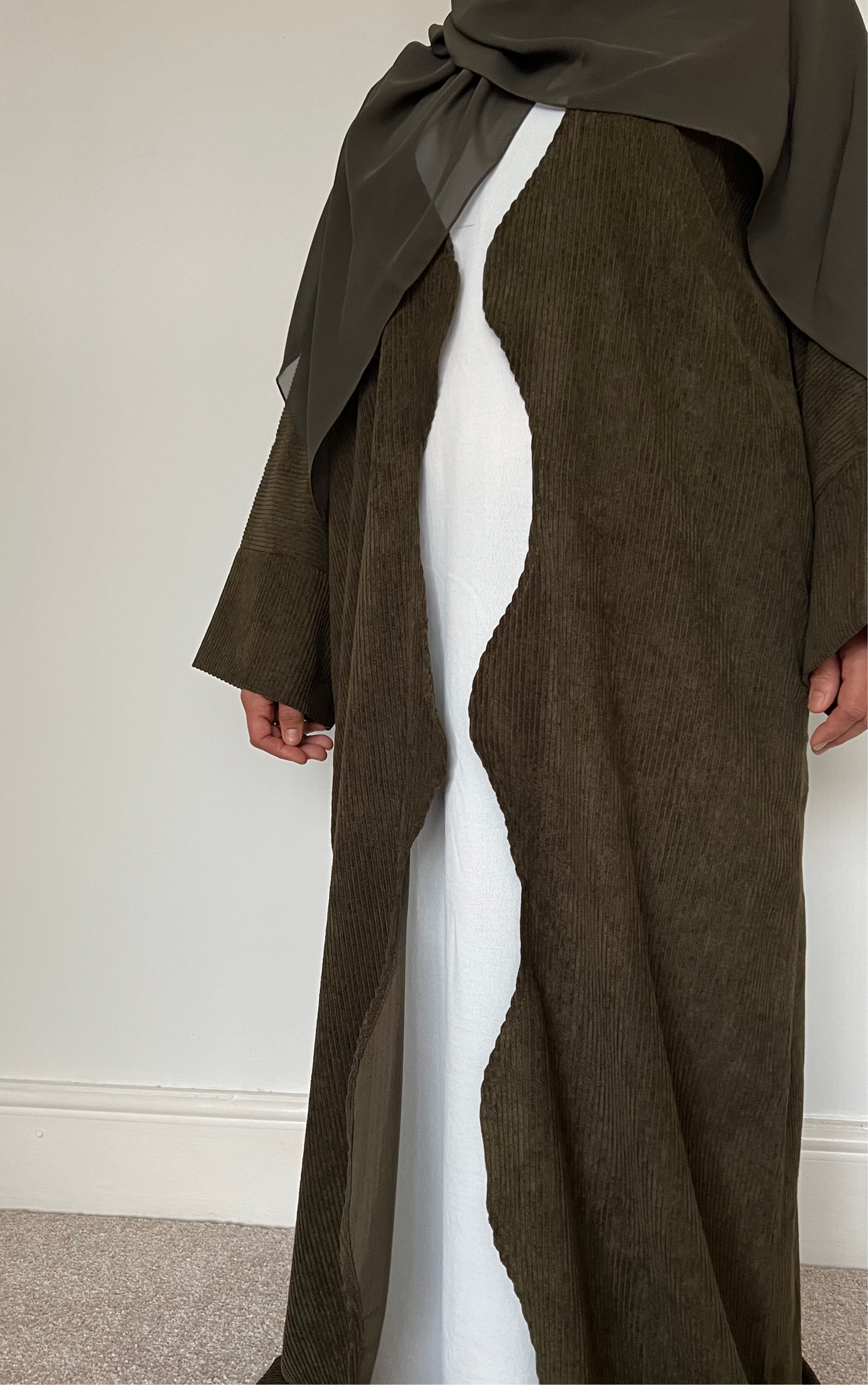 Open OLIVE SANA Abaya | corduroy wave abaya | winter abaya |