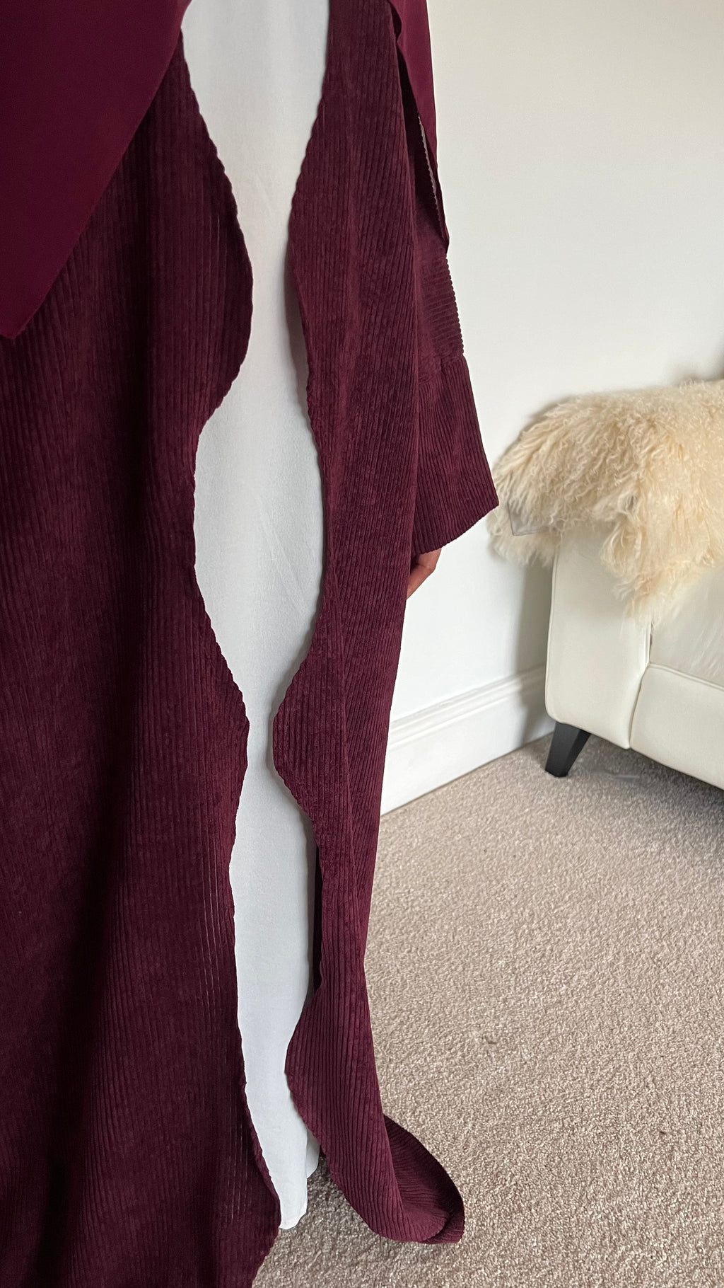 Open BURGUNDY SANA Abaya | corduroy wave abaya | winter abaya |
