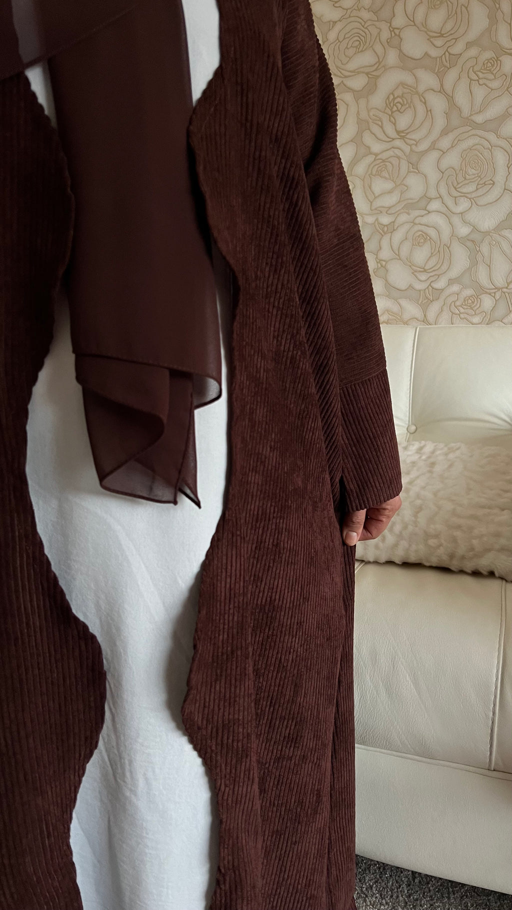 Open PEACAN SANA Abaya | corduroy wave abaya | winter abaya |